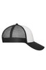 A six-panel mesh cap in black and white, featuring a solid front and mesh back design. It has a logo on the front.