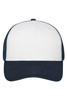 A 6 panel mesh cap in white and navy blue with a logo on the front.