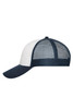 A navy and white 6 panel mesh cap with a curved brim and a logo on the front.