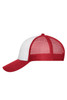 A red and white 6-panel mesh cap featuring a curved brim and a mesh back, with a logo on the front.