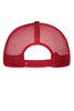 A red 6 panel mesh cap featuring a flexible snapback closure and a breathable mesh design.