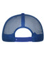 A blue 6 panel mesh cap featuring a structured design and adjustable strap at the back. It includes a logo.