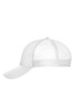 A white 6 panel mesh cap featuring a solid front and mesh back with a curved brim and an adjustable strap.