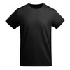 A plain black T-shirt with short sleeves and a round neckline. It features a branding logo.