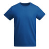 A blue t-shirt with a crew neck design and short sleeves, featuring a logo.