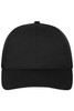 A black 6 panel sports cap with a structured front and a curved brim, featuring a logo on the front.