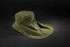 An olive green hat with a wide brim and a neck guard, featuring an adjustable drawstring and a logo.
