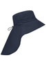 A navy blue hat with a wide brim and a long neck guard, featuring an adjustable drawstring.