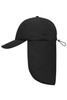 A black 6-panel cap with a neck guard, featuring an adjustable drawstring and a logo.