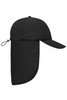 A black 6 panel cap with a neck guard, featuring an adjustable toggle for a secure fit.