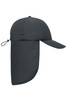 A black 6-panel cap with a neck guard, featuring an adjustable strap and a curved peak, also displaying a logo.