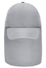 A grey six-panel cap with a neck guard, featuring a structured brim and a logo on the front.