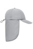 A grey 6-panel cap with a neck guard and an adjustable toggle at the back, featuring a logo.