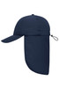 A navy 6 panel cap with a neck guard, featuring a pay and an adjustable toggle at the back.