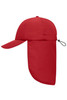 A red 6 panel cap with a neck guard and an adjustable strap, designed for sun protection. It features a logo.