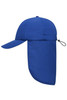 A blue 6 panel cap with a neck guard, featuring a logo, designed for headwear.