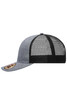 A grey hat with a black mesh back features a flat brim and includes a logo on the side.