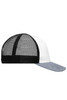 A 6 panel mesh trucker cap featuring a white front, black mesh sides, and a denim blue peak. Includes a logo.