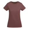 A women's T-shirt in a earthy burgundy colour, featuring a classic crew neck and short sleeves. Includes a branding logo.