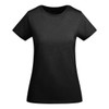 A black women's T-shirt with a classic crew neck design, featuring a logo on the front.