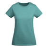 A teal women's T-shirt with a classic crew neck and short sleeves. Features a logo on the label.