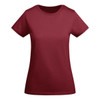 A burgundy women's t-shirt with short sleeves and a classic fit. Features a logo on the front.