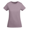 A lilac women's t-shirt with a classic crew neck and short sleeves, featuring a logo.