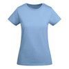 A light blue women's T-shirt with short sleeves and a classic fit, featuring a logo on the front.