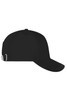 A black 5-panel sports cap with a curved brim and an adjustable strap, featuring a logo on the side.