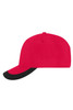 A 5 panel sports cap featuring a red body and a black brim, with a logo on the side.