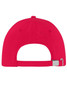 A red 5 panel sports cap featuring an adjustable strap at the back and a branded logo.
