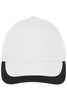 A 5 panel sports cap in white with a black brim, featuring a logo on the front.