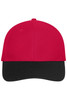 A red and black six-panel mesh cap featuring a logo on the front.