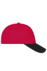 A red and black six-panel mesh cap with a curved black brim and an adjustable strap at the back.