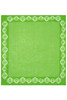 A green bandana featuring a white floral and dot pattern around the edges. It has a decorative border and a logo.