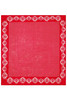 A red bandana with white floral and dot patterns along the edges, featuring a central repeating design.