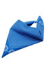 A blue bandanna with a patterned design and a branding logo, ideal for headwear.