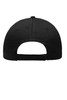A black 6 panel cap with a snapback closure and a rounded top. The cap has a logo on the back.