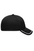 A black 6 Panel Piping Cap with white piping detail, featuring a structured design and a branding logo.