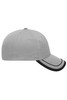A grey 6 panel cap with black piping along the brim and a branding logo on the front.