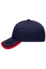 A navy blue cap with a red piping accent, featuring a rounded crown and a curved brim. It has a logo on the front.
