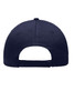 A navy blue 6 panel piping cap, featuring a structured design and an adjustable strap at the back.
