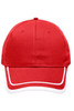 A red six-panel cap with white piping and a logo.