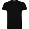 A black premium t-shirt with a round neckline and short sleeves, featuring a logo on the collar.