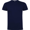 A navy blue t-shirt with a crew neckline and short sleeves, featuring a small logo on the neck.