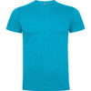 A turquoise premium t-shirt with a round neck and short sleeves, featuring a logo on the label.