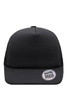 A black 5 Panel Flat Peak Cap featuring a branded logo on the front and a flat peak design.