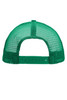 A green 5 panel flat peak cap featuring a mesh back and adjustable snap closure. It has a logo on the side.