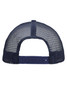 A navy 5 panel flat peak cap with a mesh back and adjustable snap closure. Features a logo on the back.