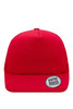 A red 5 panel flat peak cap featuring a logo badge on the front.